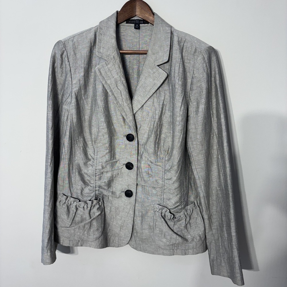 Lafayette 148 Blazer Jacket Womens 14 Beige Gray Ruched Linen Silk Career Office